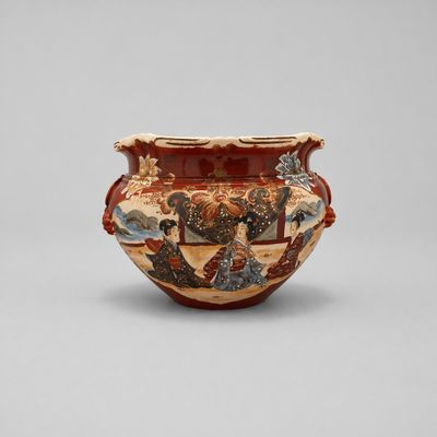 JAPON Vase ou cache pot en grès émaillé à décor de guerriers…