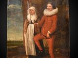 an old painting of a man and a woman standing next to each other