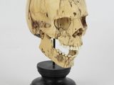a wooden skull on a black stand with a white background