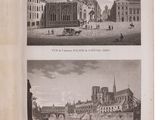 an old book with two pictures of buildings and a horse drawn carriage