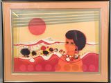 tableau représentant une femme en robe rouge avec un soleil en arrière-plan