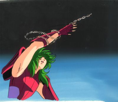 animation animation cel of a woman with green hair holding a sword