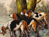 une peinture à l'huile représentant un groupe de chiens près d'un arbre