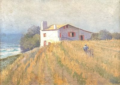 an image of a painting of a house in a field by the ocean