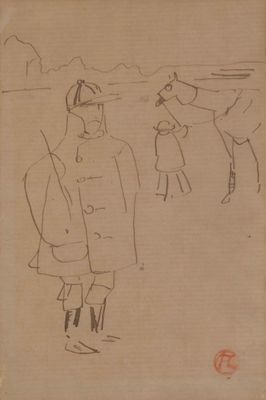 un vieux dessin représentant un homme et un cheval dans un champ