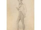 a drawing of a man in a suit and tie holding a cane