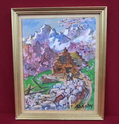 une peinture à l'huile représentant une maison sur une colline, avec une montagne en arrière-plan