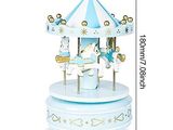 a blue and white carousel with a white horse on it