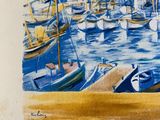 a painting of a harbor filled with boats on the water