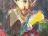 an image of a painting of a man wearing a hat and holding a book
