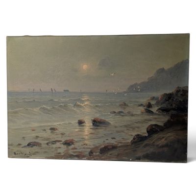 a picture of a painting of a sunset over a body of water