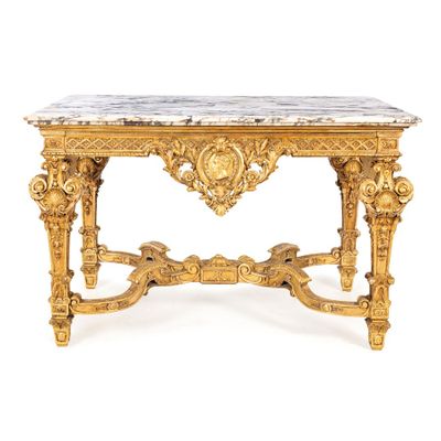 table console ancienne avec un plateau en marbre et un décor à la feuille d'or