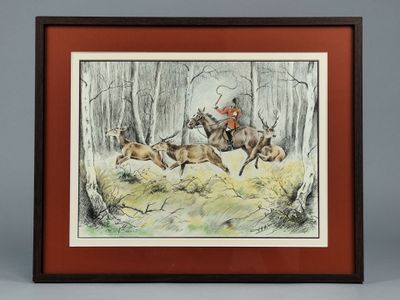 tableau représentant un homme à cheval poursuivant un cerf dans les bois