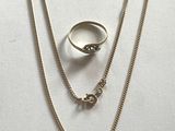 a close up of a necklace and a ring on a white surface