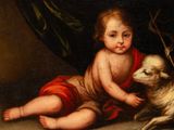 painting of a baby and a dog in a room