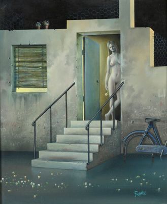 a painting of a bicycle parked in front of a building