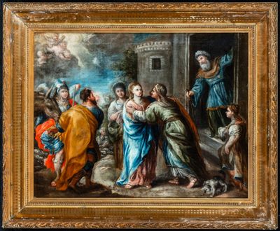 a painting of a group of people standing around a man holding a baby