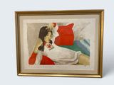 painting of a woman in a white dress sitting on a red couch