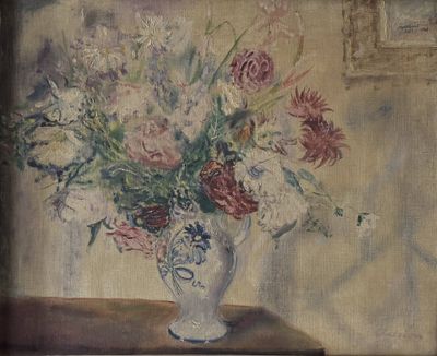 une peinture représentant un vase de fleurs sur une table