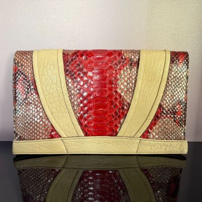 Pochette ABACO grand modèle cuir et python beige et rouge di…