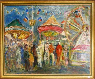 une peinture à l'huile représentant une scène de carnaval avec une grande roue en arrière-plan