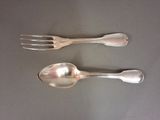 two spoons and a fork sitting on a table