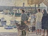 painting of a group of people and a dog on a dock