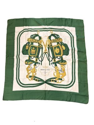 foulard en soie vert et blanc orné d'un motif représentant deux lions