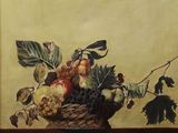 a painting of a basket of fruit on a table