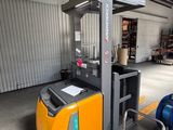 a yellow forklift truck parked in a warehouse