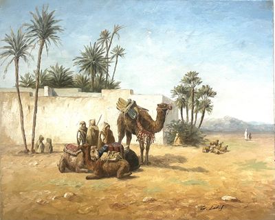 tableau représentant des chameaux et des personnages dans un décor désertique parsemé de palmiers