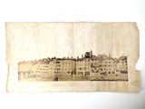 une vieille image représentant une ville, dessinée sur un bout de papier