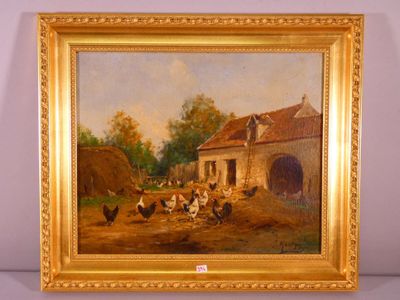 painting of a farm scene with chickens and chickens in front of a barn