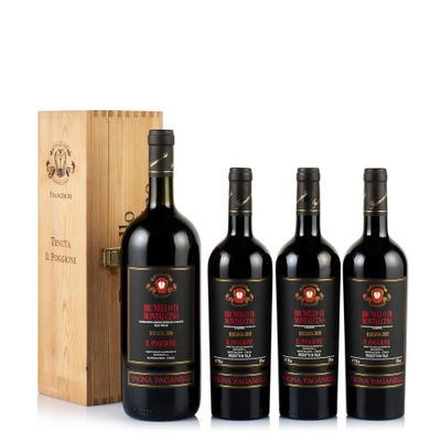 three bottles of red wine in a wooden case with a wooden box