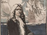 dessin représentant un homme en costume de pirate debout devant un bateau