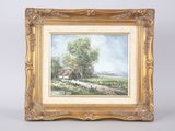 an oil painting of a landscape with a tree in the foreground