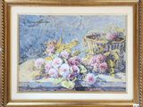 a painting of flowers in a vase on a table