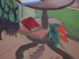 a painting of a table with a book and a vase on it