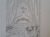 drawing of a woman sitting in a chair in front of a window