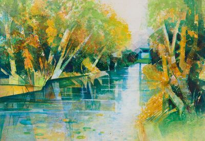 un tableau représentant une rivière qui traverse une forêt