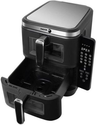an image of a black and silver air fryer with a remote control