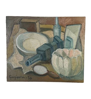 a painting of a painting of a bowl and a gun on a table