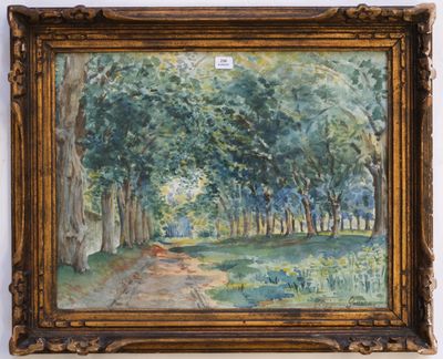 a painting of a dirt road in a wooded area with trees