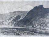 drawing of a view of a mountain with a village in the foreground