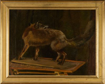 an oil painting of a dog standing on top of a wooden table