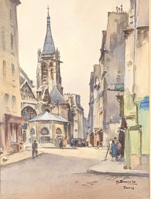 une aquarelle représentant une scène de rue avec une église en arrière-plan