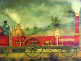 a painting of a man and a woman riding on a train