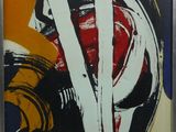 abstract painting of a man with a knife and a helmet in a silver frame