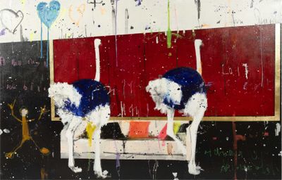 a painting of two dogs that are standing in front of a red wall