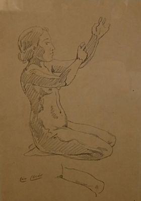 pencil drawing of a woman sitting on the ground with her hands in the air